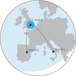 Range map for the M350 displaying the distance from London to Madrid or Naples