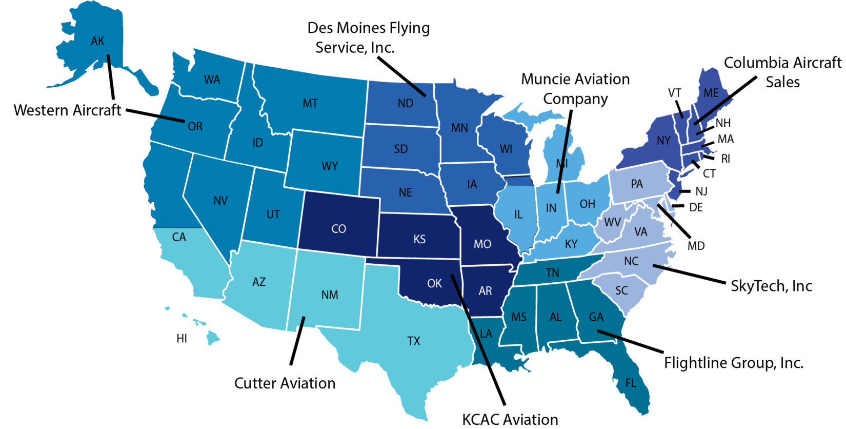 A map of the United States showing different Piper Aircraft dealers