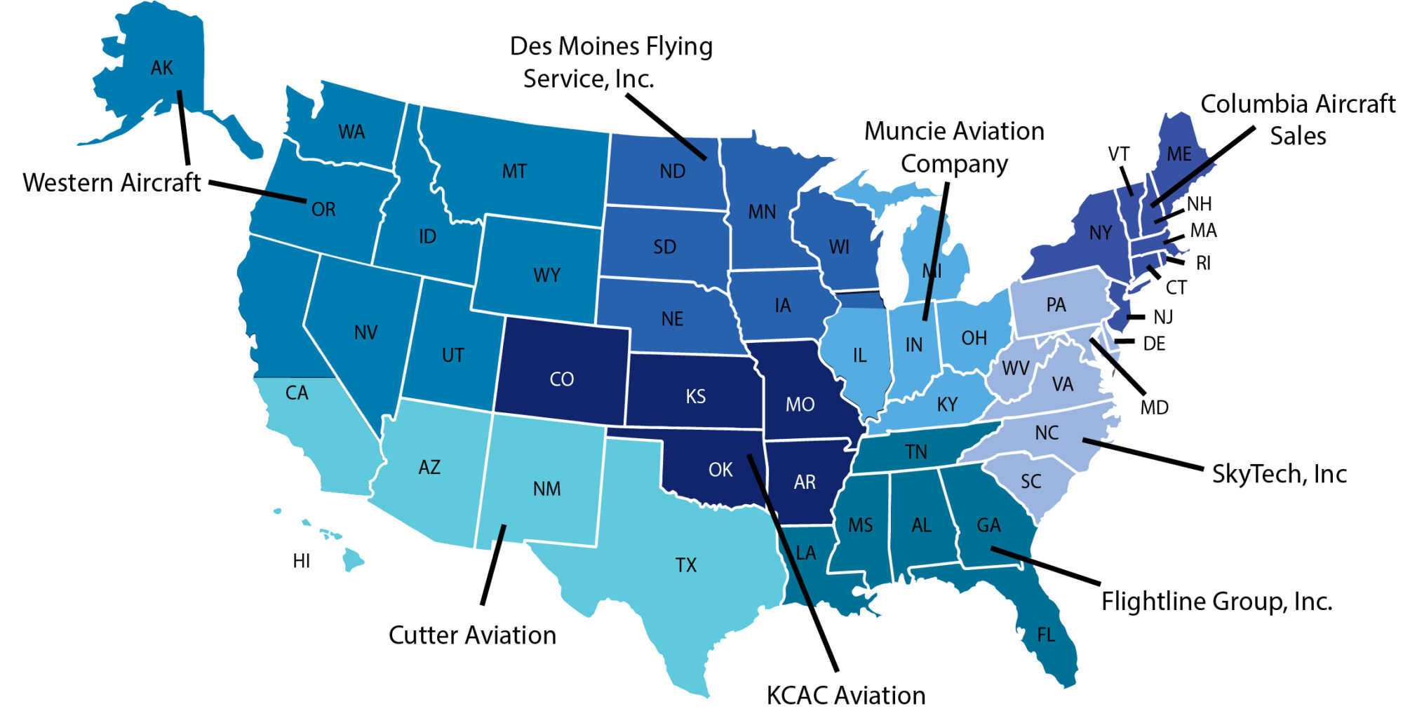A map of the United States showing different Piper Aircraft dealers