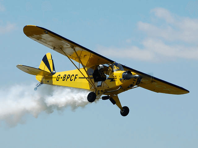 A modified 1940 J-3 Cub on display at the Cotswold Air Show in 2010, flown by the O’Brien’s Flying Circus Stunt Team.