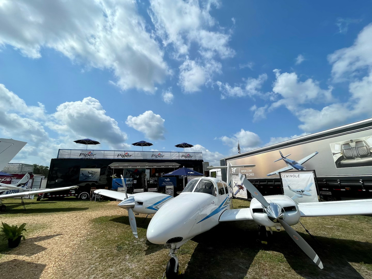 A front view of a plane on the ground