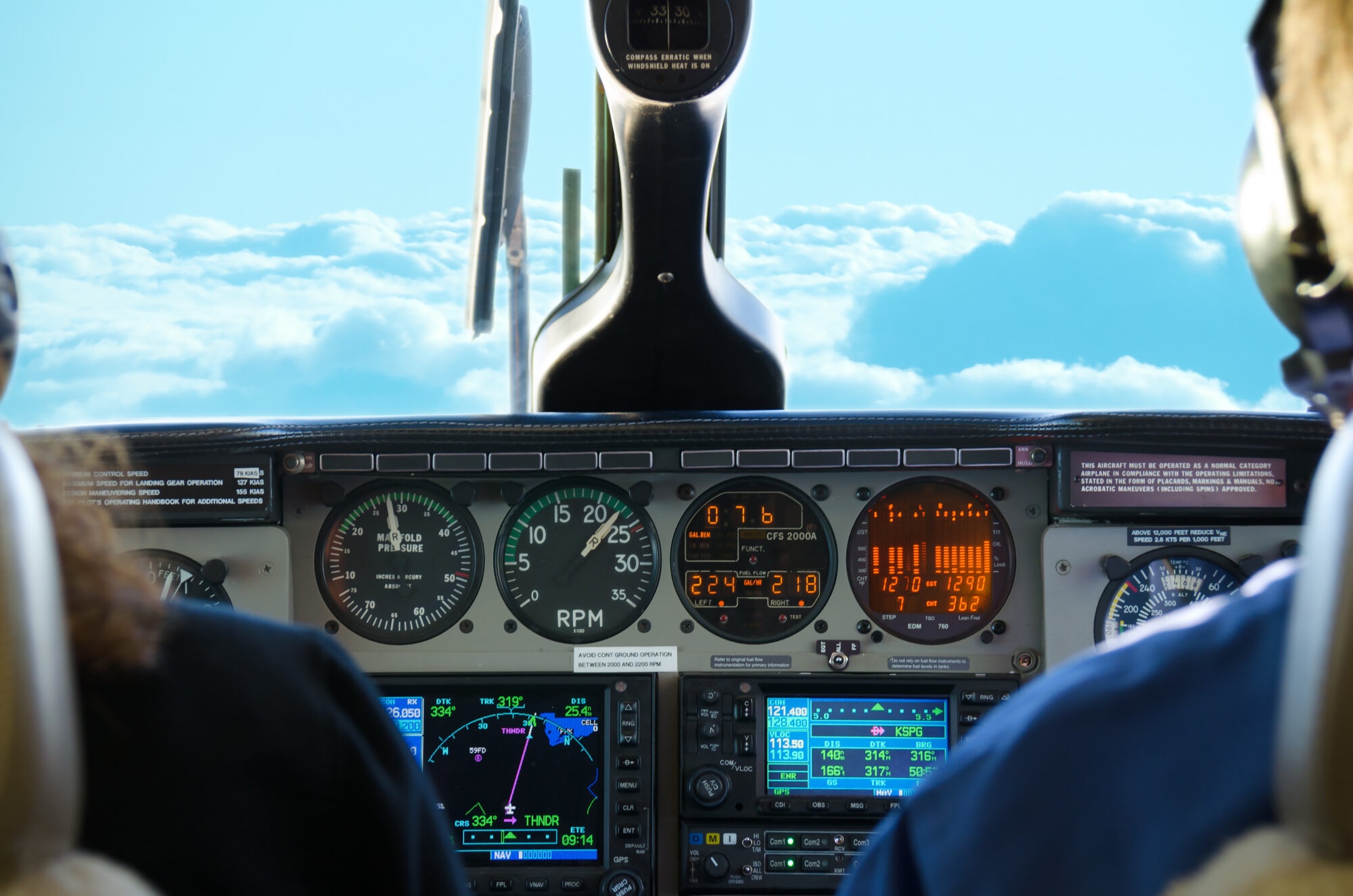Cockpit view from behind two pilots showing flight instruments and avionics, with a clear sky and clouds visible through the windshield.