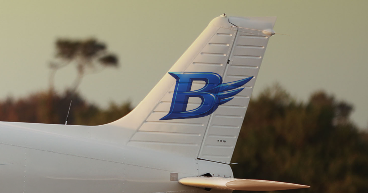Close-up of a white airplane tail at sunset featuring Blitz Aviation’s blue ‘B’ logo with stylized wings, with blurred trees in the background.